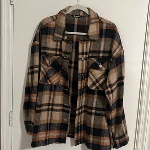 Corduroy Shacket - Plaid print orange and brown